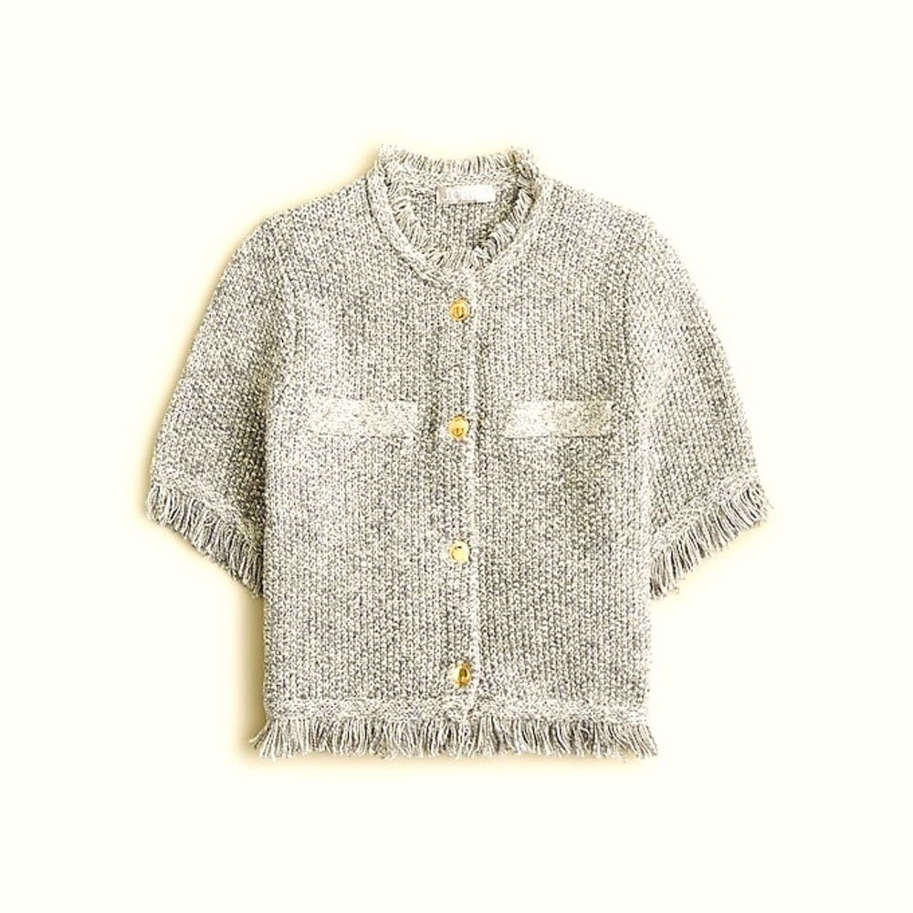 J. Crew Cream and Gold Textured Fringe Short-Sleeve Cardigan